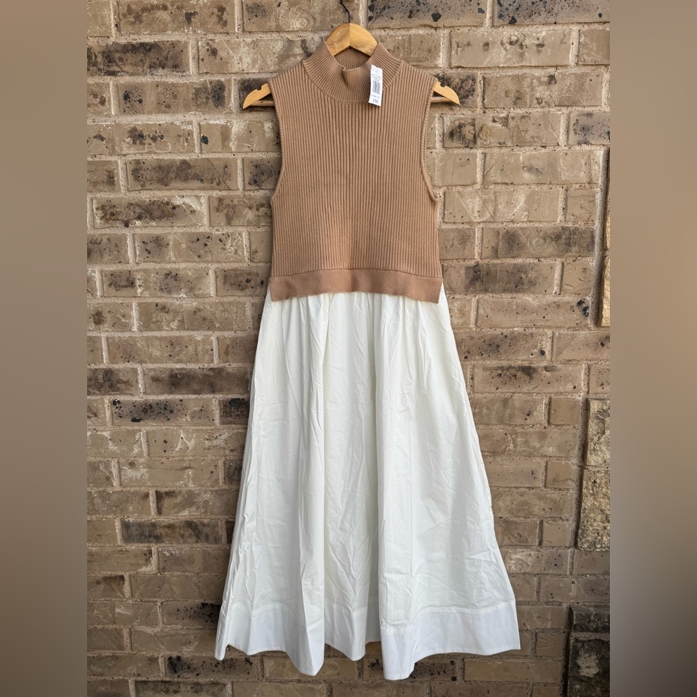 NWT ENGLISH FACTORY Mixed Media Turtleneck Tan/White Midi Dress Sz Large - Picture 3 of 13